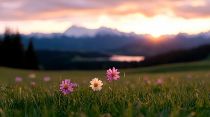 Obraz premium A stunning view of wildflowers blooming against a backdrop of majestic mountains, showcasing nature's vibrant beauty in summer.