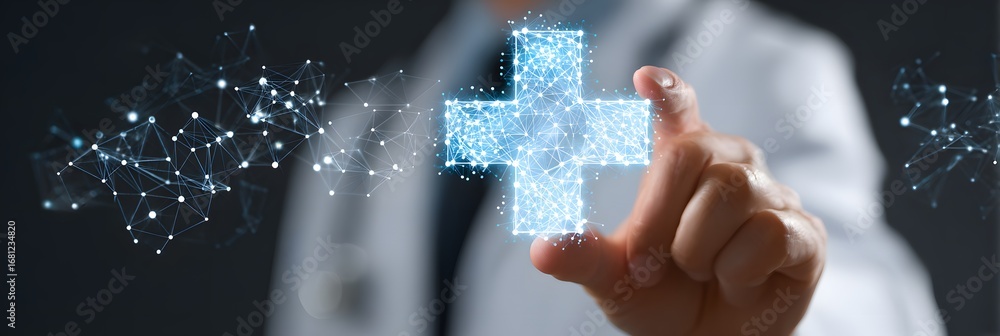 Poster digital health concept: hand touching luminous plus symbol in abstract network.