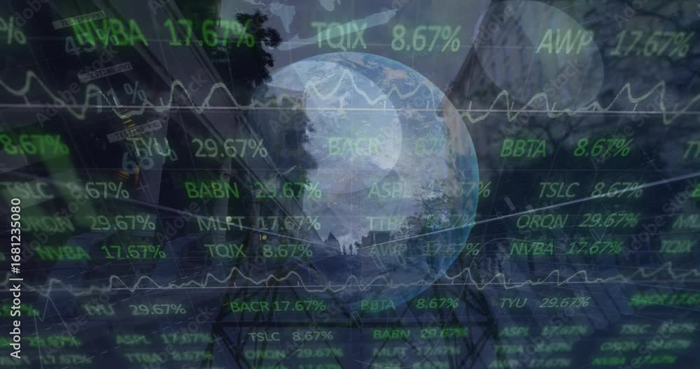 Aufkleber animation of financial data processing over globe in background