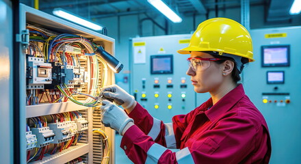 Electrical engineer inspecting control panel in industrial facility