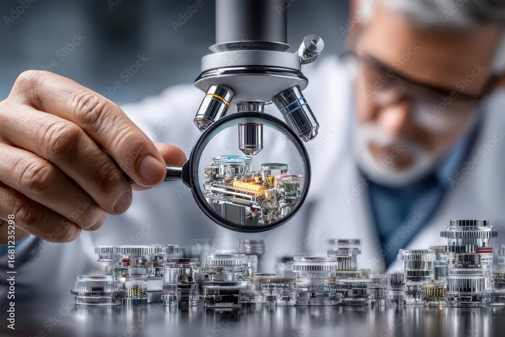 Poster scientist examining miniature components under microscope in laboratory setting