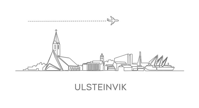 Ulsteinvik City Skyline Line Art with Airplane