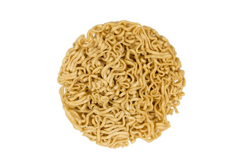 Dry ramen noodles arranged in a circular shape on a white background ready for cooking and preparation in a culinary setting