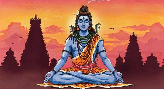 Meditating Blue Figure with Snakes, Sunset Background Art