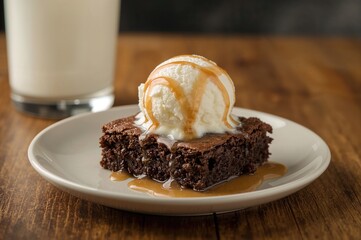 Delicious chocolate brownies paired with creamy ice cream and drizzled caramel on a rustic wooden surface, close-up