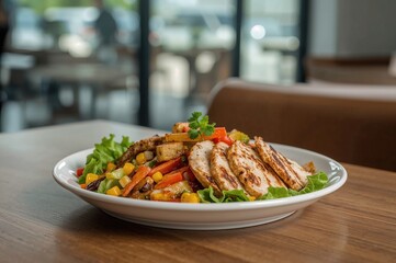 Delicious salad with grilled corn, fresh vegetables, and crispy potato fritters served on leafy greens