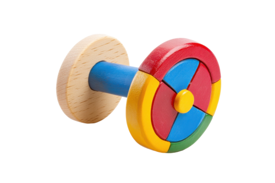 Colorful wooden baby rattle in dumbbell shape isolated on transparent background. Children's day toy isolated on white background.