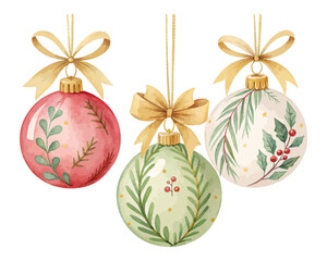Watercolor Christmas Ornaments with Gold Ribbon and Greenery