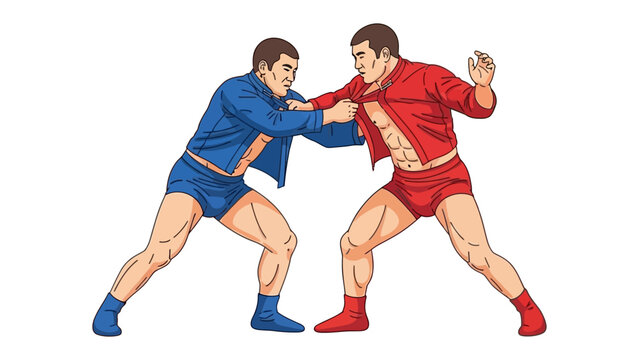 Dynamic Confrontation: Two determined athletes engage in a dynamic sambo match, showcasing strength, strategy, and intense competition in this vibrant illustration.