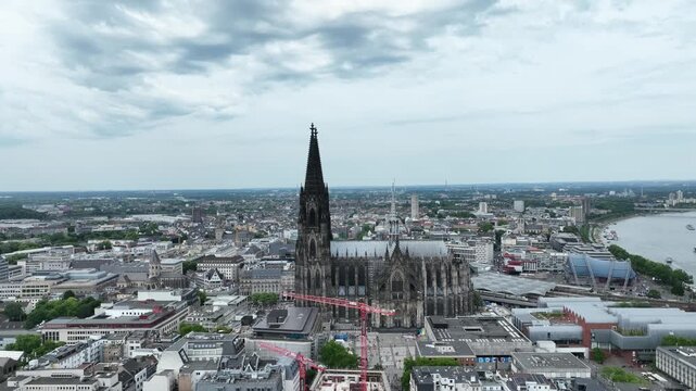 Cologne City Cathedral and Central Train Station, Hbf. Germany, Drone. Downtown, 4k