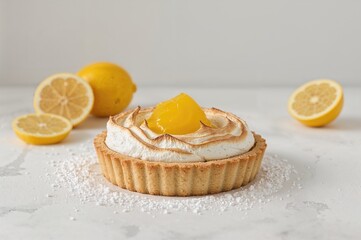 Lemon curd tart topped with fluffy meringue. Citrus dessert delight.