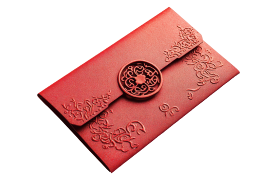 Elegant red brocade clutch purse with ornate button isolated on transparent background. Chinese red envelope greeting card isolated on white background. - Powered by Adobe