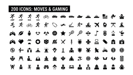 Iconic Moves & Gaming: A comprehensive collection of sleek, minimalist icons representing various movements, activities, and gaming elements, ideal for digital interfaces and design projects. 