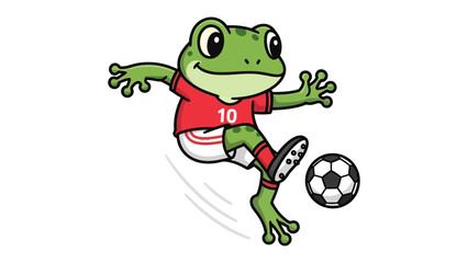 Frog Football Kick: A friendly cartoon frog athlete energetically kicks a soccer ball with precision, embodying sportsmanship, showcasing athleticism, and representing the joy of the beautiful game.