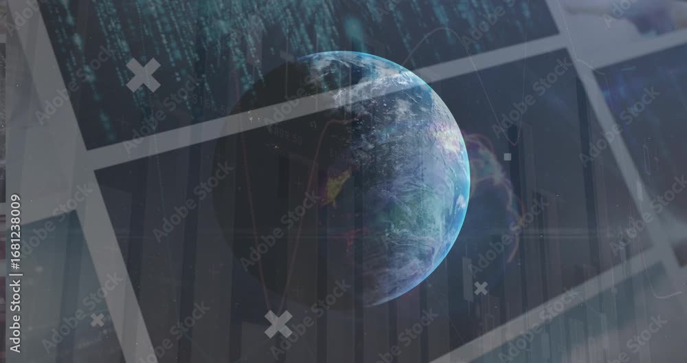 Poster animation of globe rotating over data on screens
