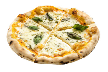 Gourmet four cheese pizza with fresh basil isolated on transparent background. Clipart illustration of cut pizza isolated on white background.