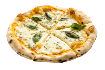 Gourmet four cheese pizza with fresh basil isolated on transparent background. Clipart illustration of cut pizza isolated on white background.