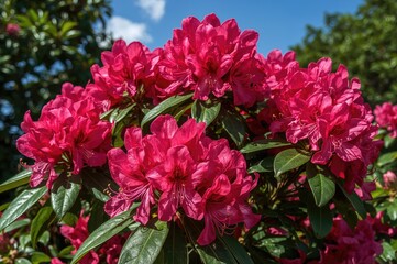 Fototapeta premium Beautiful rhododendron blossoms at their peak bloom. Bright hues set against rich verdant leaves. The splendor of nature shown in fine detail.