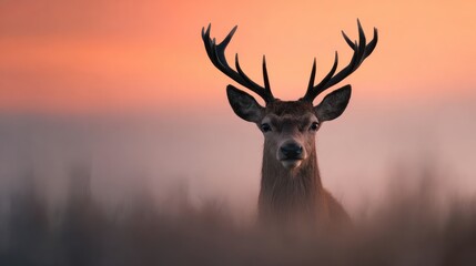 Deer at sunrise in misty field