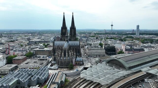 Cologne City Cathedral and Central Train Station, Hbf. Germany, Drone. Sightseeing