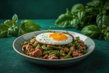 SautÃ©ed pork with basil and a fried egg, traditional Southeast Asian cuisine