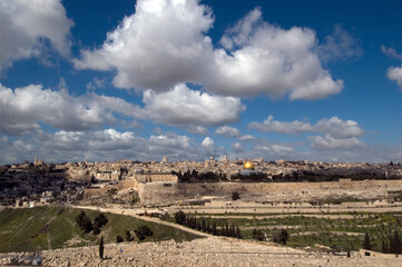 View from the Mount of Olives of modern Jerusalem skyline and the Dome of the Rock Islamic shrine on the Temple Mount in the Old City.