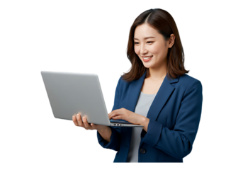Smiling asian woman working on a laptop isolated on transparent background