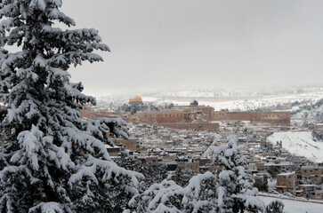View of the walled Old City of Jerusalem, the Temple Mount and Dome of the Rock Islamic shrine,...