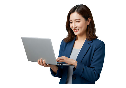 Smiling asian woman working on a laptop isolated on transparent background