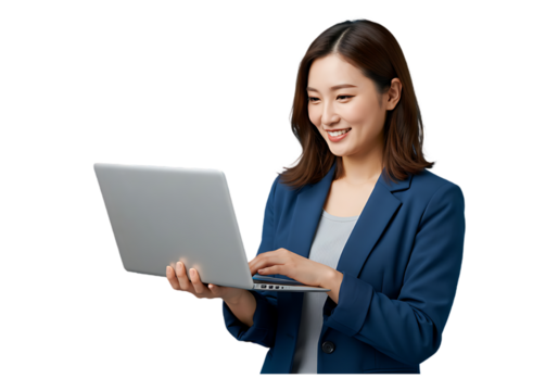 Smiling asian woman working on a laptop isolated on transparent background