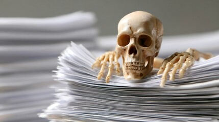 Skeleton office worker slumped over desk surrounded by towering stacks of paperwork at late hours in a corporate environment