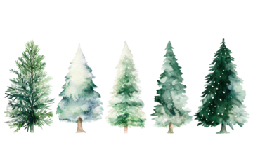 Watercolor christmas trees with ornaments and lights isolated on transparent background. Collection of christmas trees in watercolor style isolated on white background.