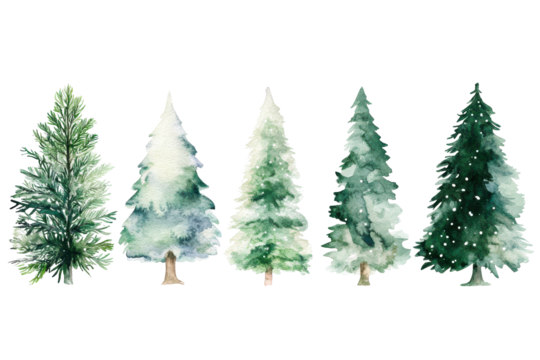 Watercolor christmas trees with ornaments and lights isolated on transparent background. Collection of christmas trees in watercolor style isolated on white background.