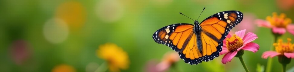 Fototapeta premium Vibrant monarch butterfly on wildflowers, wings outstretched, leaf, flower, fauna