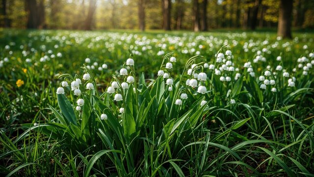 Beautiful white lilies of the valley flowering during the warm forest seasons