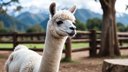 Obraz premium White llama standing in a zoo environment with blank area for customization
