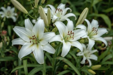 Blooming white lilies in a garden setting