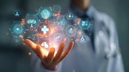 Illuminating the Future of Medicine: A Doctors Hand Cradles a Holographic Health Dashboard.