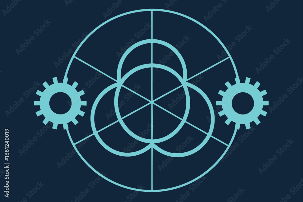 Poster abstract geometric design with gears and intersecting circles vector illustration