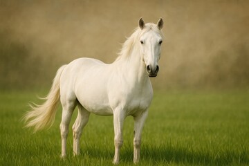 A pristine white horse grazing in an open field