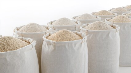 Chemical fertilizer, sugar, flour, and rice packed in a white hemp bag, staged for delivery on a white background