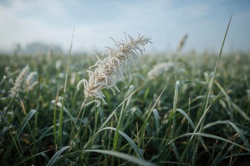 Green field with white grass blossoms during the winter months