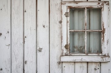 Rustic window fragment against a whitewashed wooden plank wall with grey tones