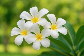 Fototapeta premium Beautiful white frangipani flower amidst garden greenery