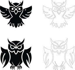 Fototapeta premium Silhouette of an abstract minimalist owl icon with simple wings, bold flat black vector