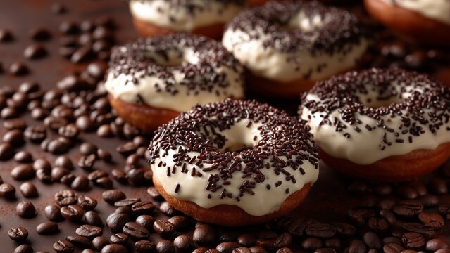 Gourmet Donuts with White Glaze and Chocolate Sprinkles, highlighting the dripping glaze and the sprinkles. The surrounding coffee beans create an inviting, warm scene.

