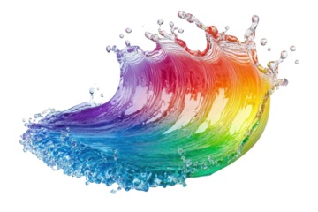 Colorful water splash with rainbow colors isolated on transparent background. Colorful rainbow colored liquid splashing isolated on white background.