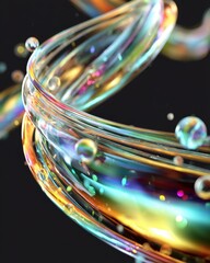 Abstract iridescent glass ribbon flowing with bubbles on black background studio shot close up dynamic