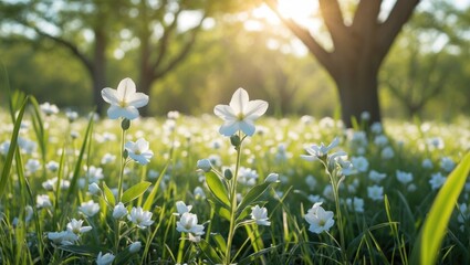 Fototapeta premium Sunlit meadow with a white blossom thriving among the grass