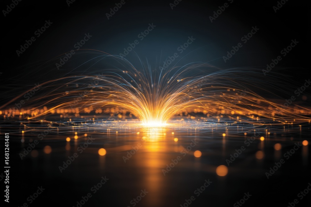 Poster abstract light burst emanating on dark surface with glowing particles and flowing lines close up
